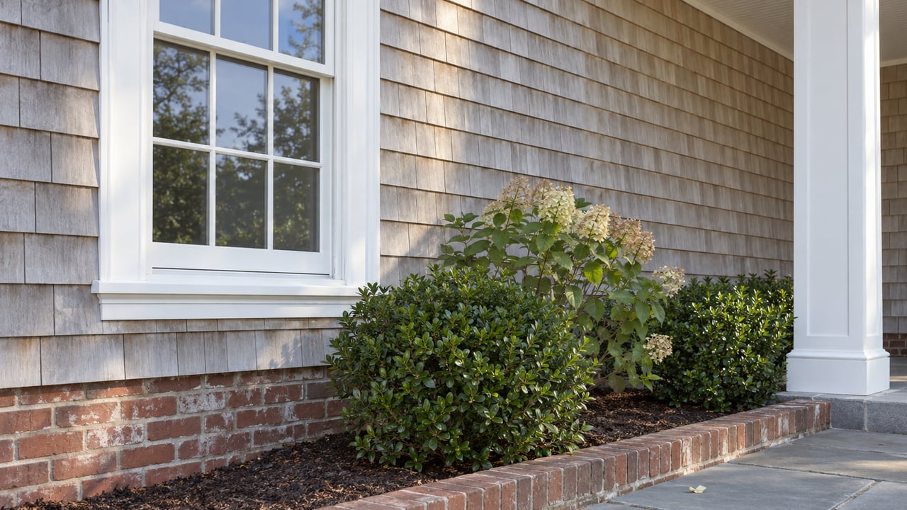 Cedar-shingled house facade with a white six-over-six window, porch column, brick foundation, and rounded shrubs.
