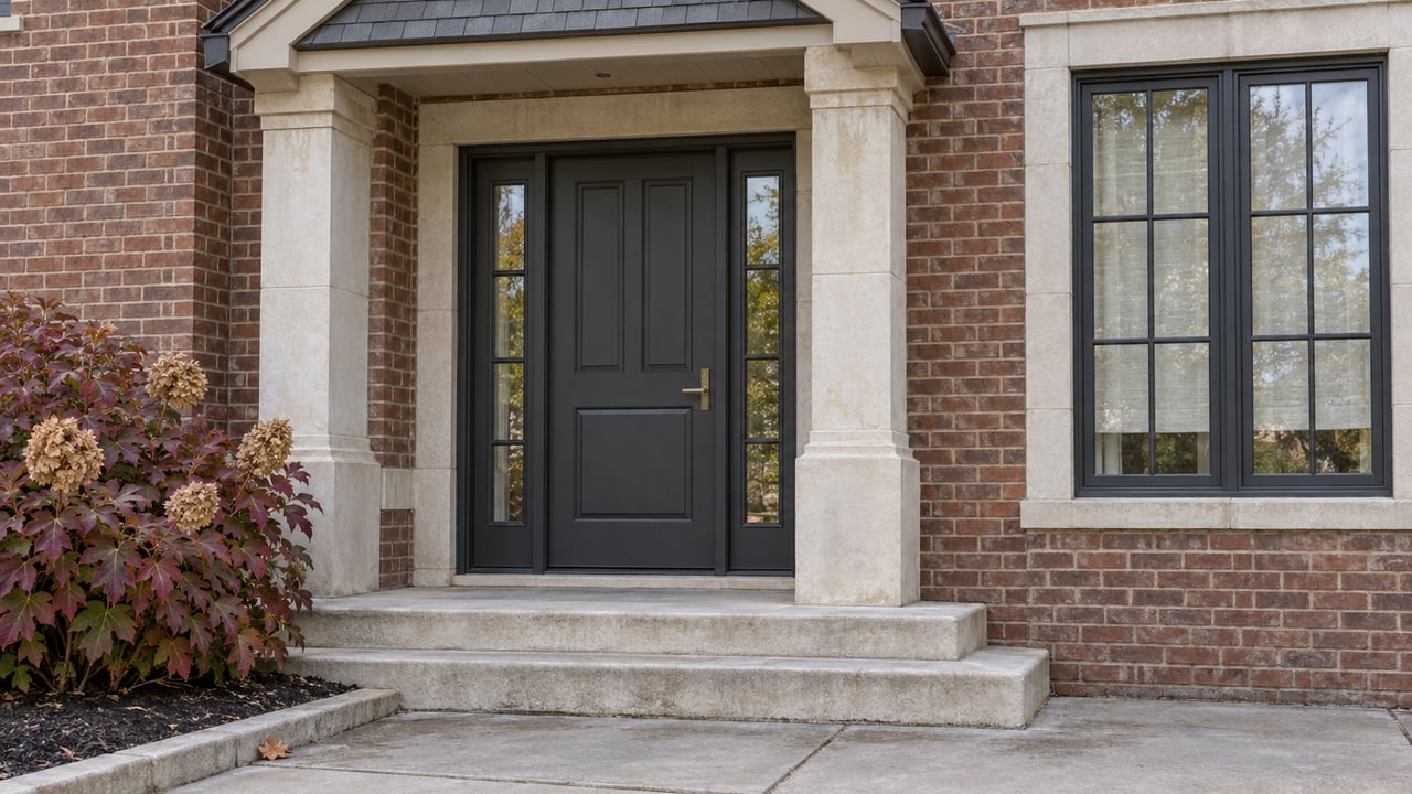 Brick home entrance with a charcoal door, paired sidelights, limestone steps, and autumn oakleaf hydrangea.