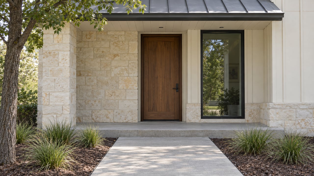 Limestone and cream board-and-batten home entry with a walnut door, dark-framed window and concrete approach bordered by Texas sedge beneath a live oak.