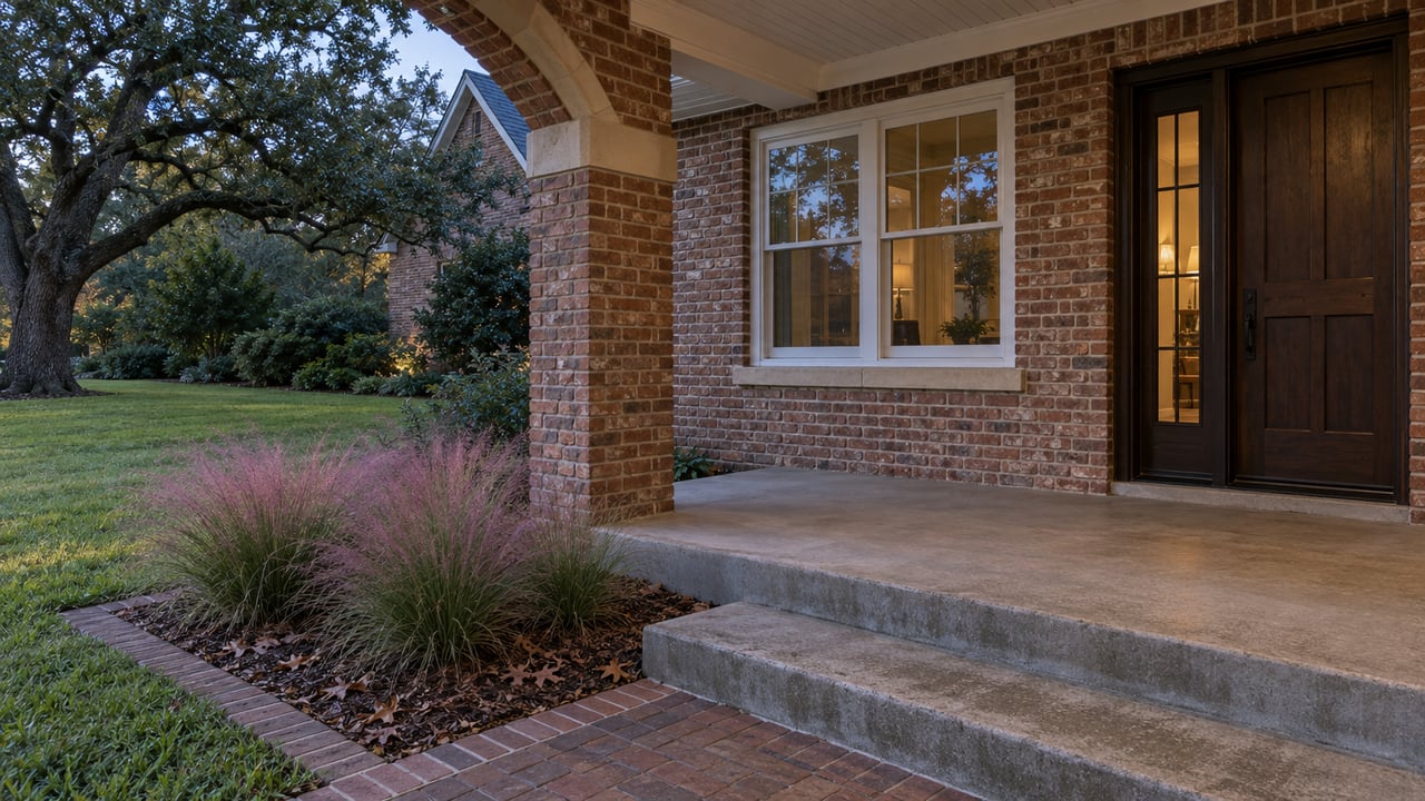 Brick home's covered front porch at dusk, with a closed wood door, warm window light, concrete steps and a live oak beside the lawn.