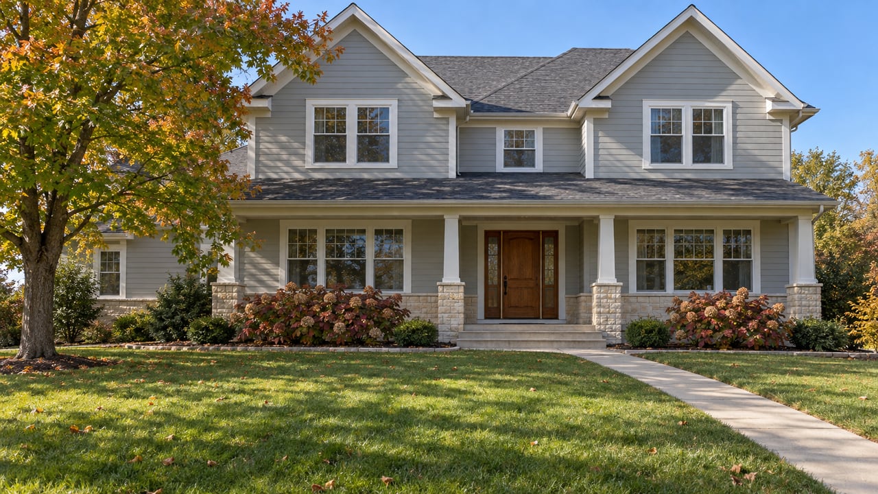 Two-story gray-sided home with limestone porch accents, a deep front lawn and a maple turning amber in afternoon sunlight.