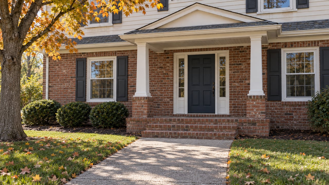 Autumn sunlight on a brick and cream-sided home's covered entry, with a navy door, amber maple leaves and a lawn-lined front walk.