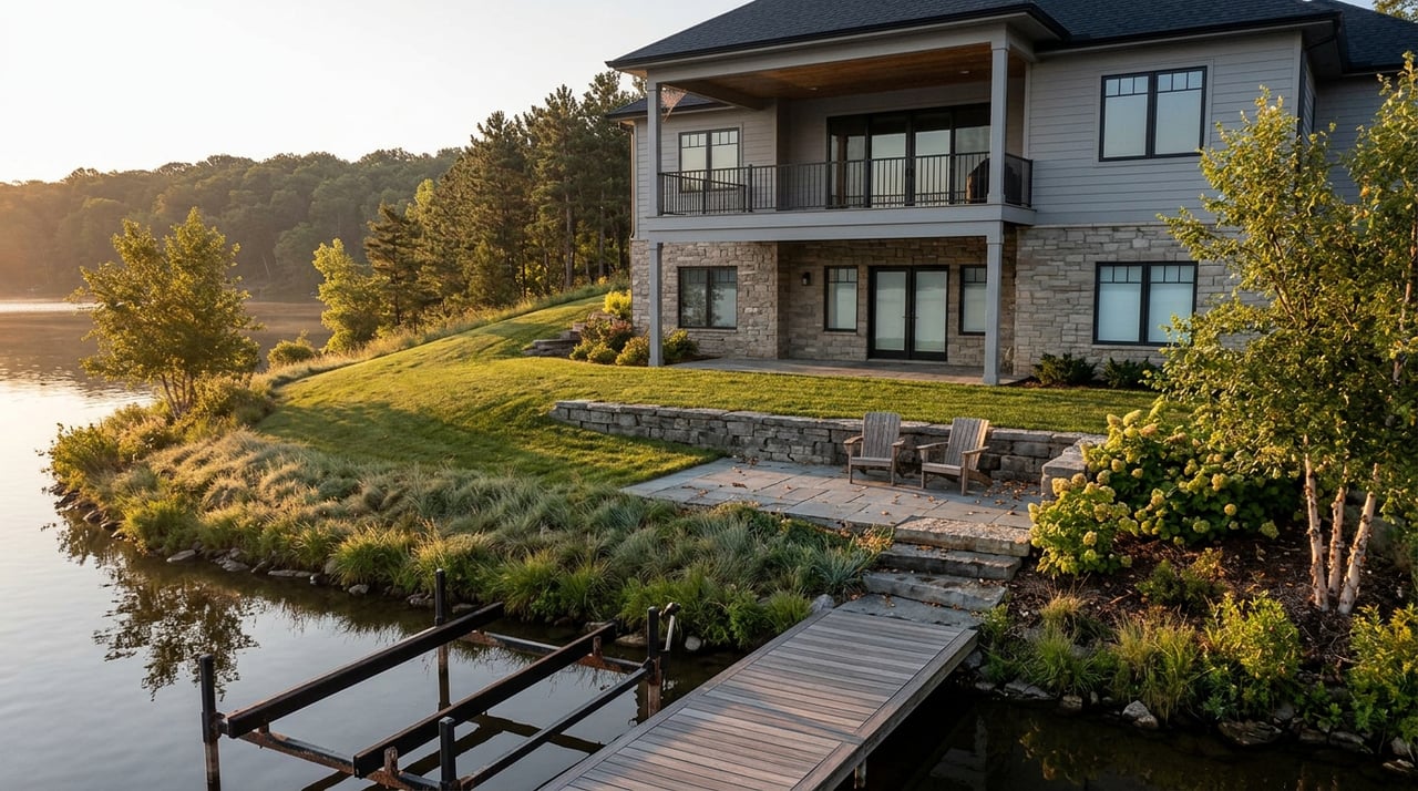 Stone-and-siding lakefront home above a bluestone terrace, sloping lawn, wooden dock, and wooded shoreline.