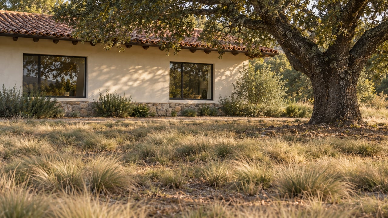 Open ground dotted with native grass leads to a low plaster house and a mature oak tree.