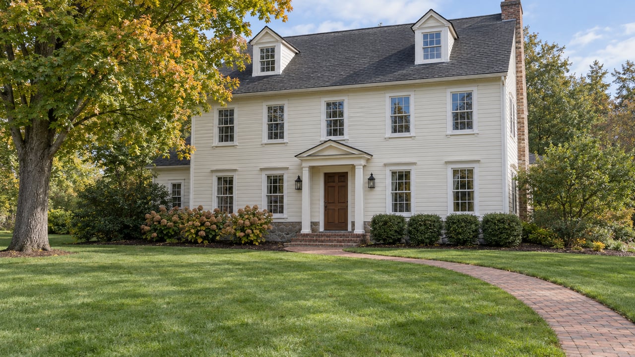 Cream clapboard home with a columned entry, broad lawn, brick walk, and mature maple in soft daylight.