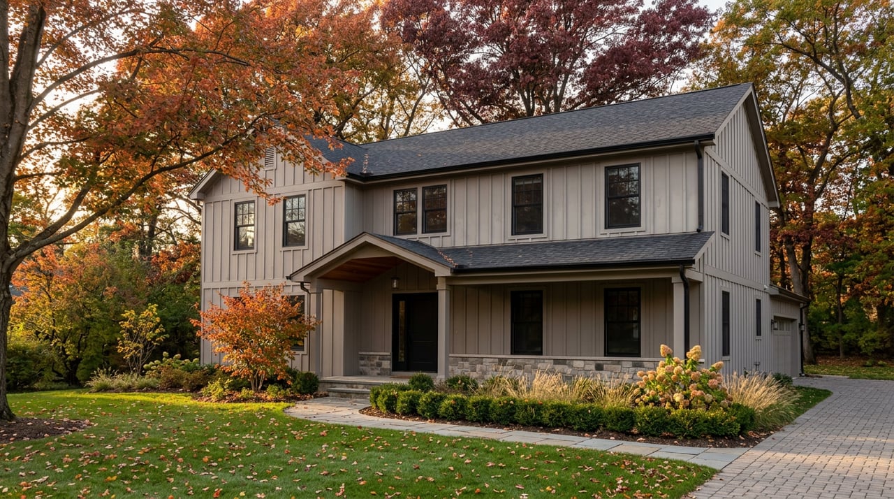 Two-story gray home with black-framed windows and stone porch, beneath orange-red autumn trees.