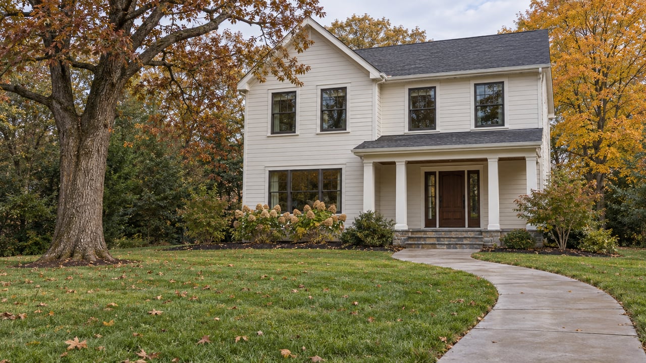 Cream clapboard home with a covered stone porch, a deep lawn, and mature trees showing autumn color.