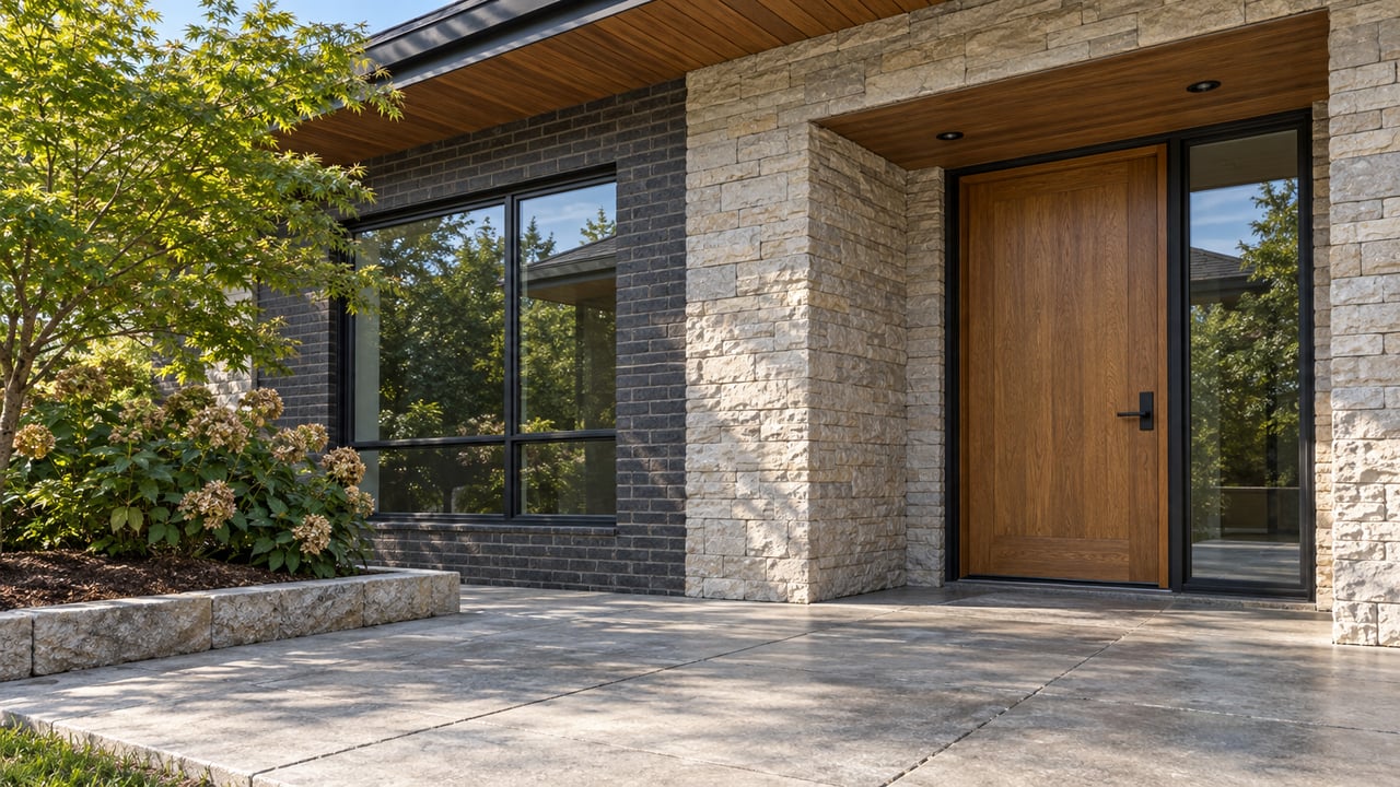 A contemporary home's covered terrace with charcoal brick, cream stone, a closed oak door and a Japanese maple beside a raised planting bed.