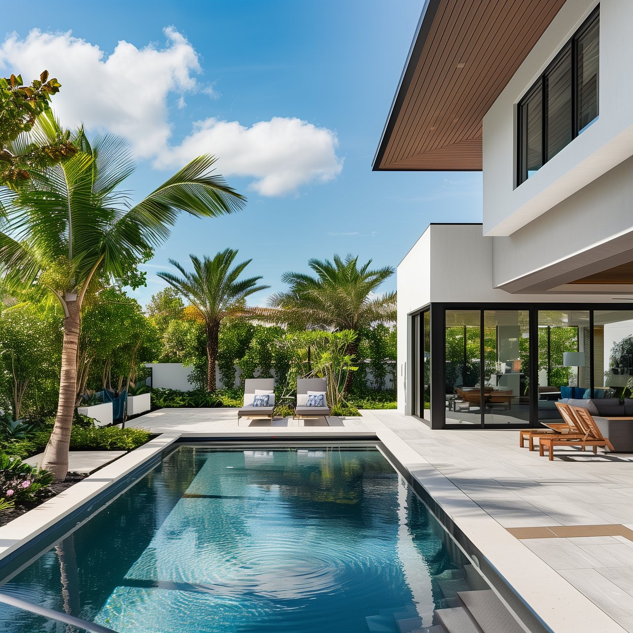Modern home and rectangular pool framed by palm trees and a pale stone patio.