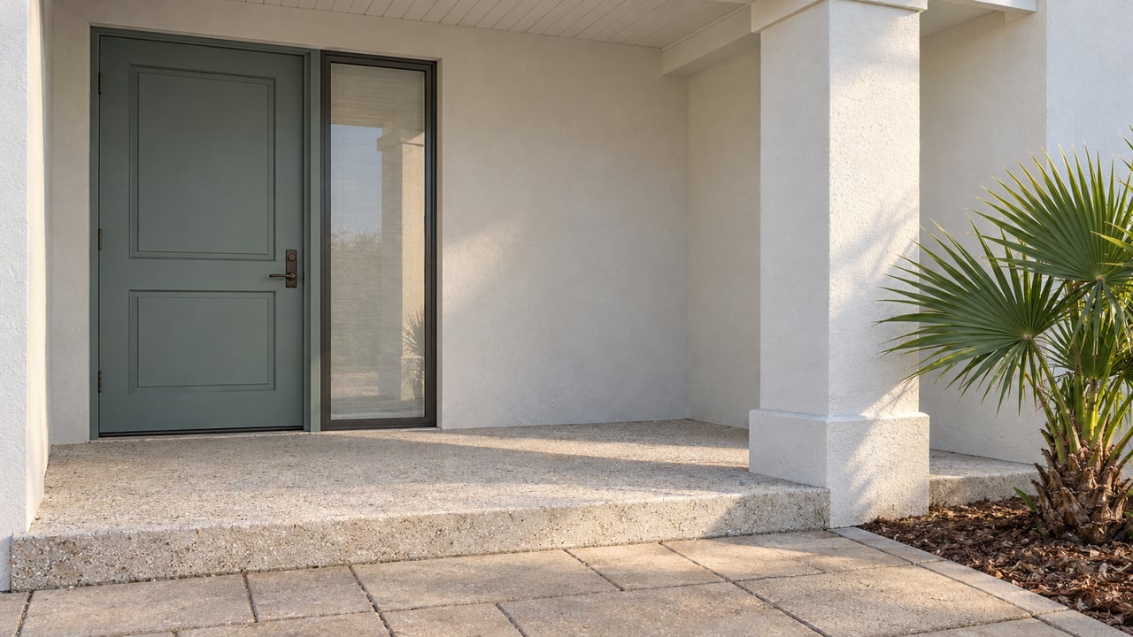 Covered entry with a sea-glass painted door, pale stucco, shell-aggregate steps and a sculptural fan palm.
