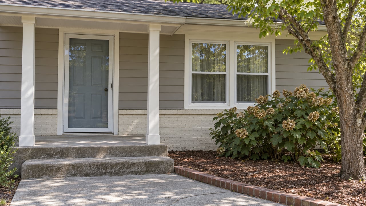 Modest house entry with gray lap siding, cream painted brick, concrete steps and mature flowering dogwood beside an oakleaf hydrangea.
