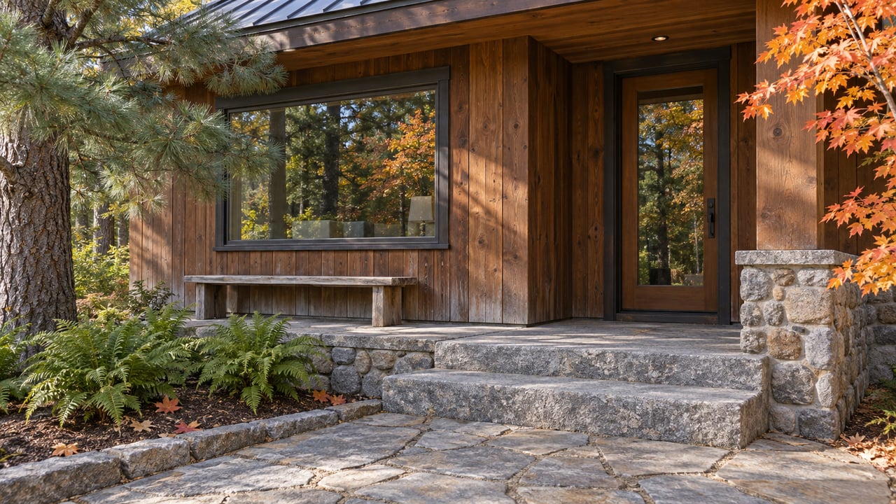 October sunlight grazes a cedar-clad home's covered porch, granite steps and weathered bench, with orange maple leaves and a white pine at the edges.