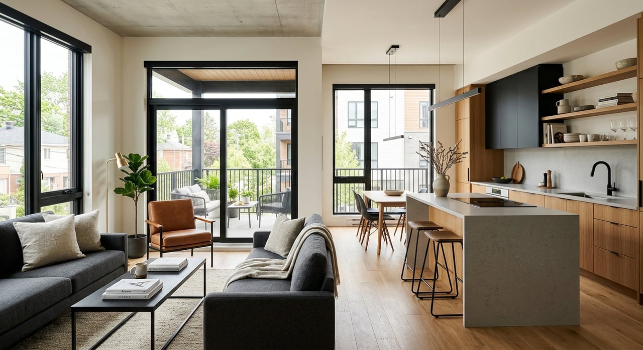 Open-plan condo with an oak-and-quartz kitchen island, cream sofa, and balcony windows overlooking courtyard trees.