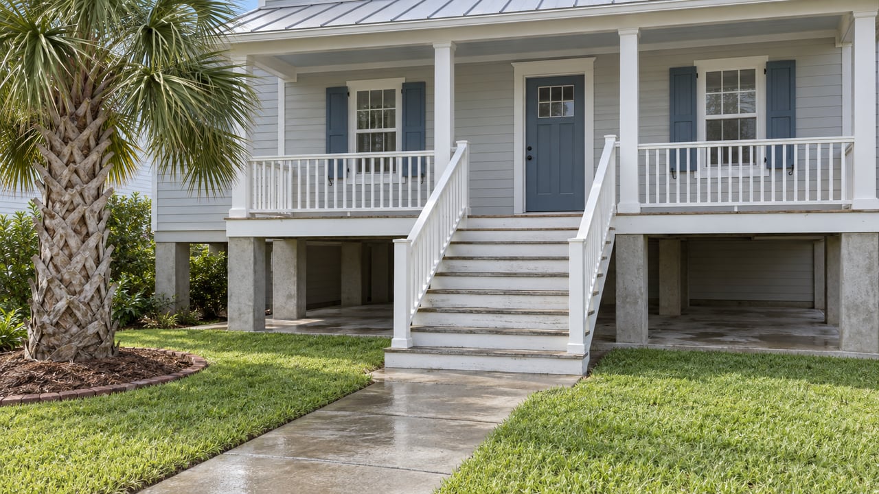 Raised pale-gray cottage with blue shutters, white porch railings and central stairs beyond a damp concrete walk and green lawn, beside one mature fan palm.