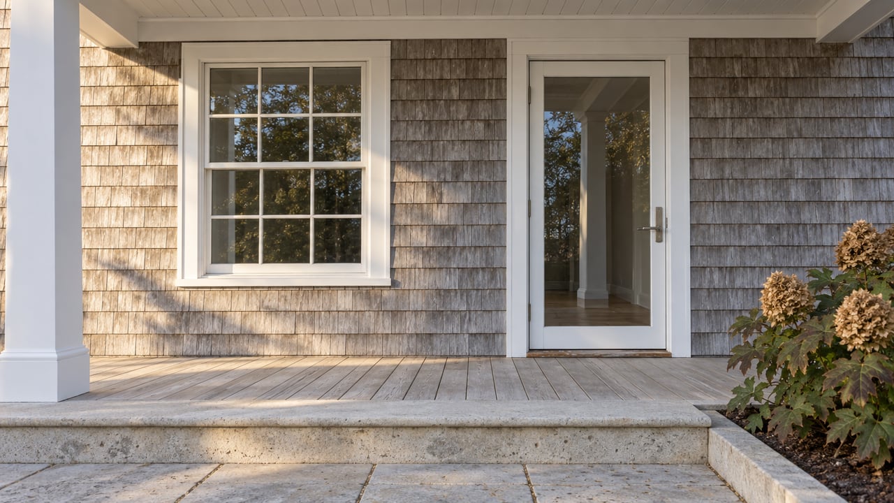 Weathered cedar-shingle entry with white trim, a glazed door, pale porch decking and limestone steps beside an oakleaf hydrangea.