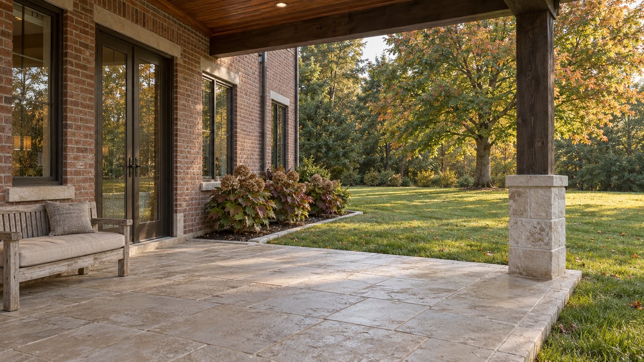 Covered limestone patio beside a red-brick home, with bronze-framed glass doors, a teak bench and a broad lawn beneath an autumn sugar maple.