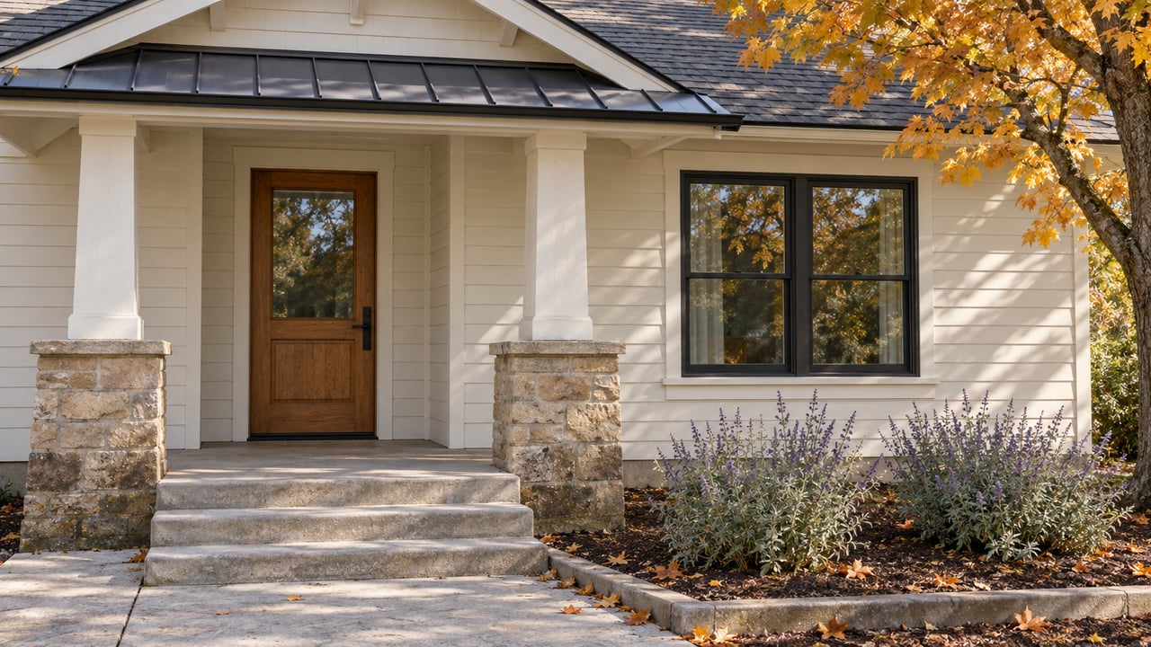 Cream clapboard home with an oak front door, sandstone porch piers and golden maple leaves beside concrete entry steps.