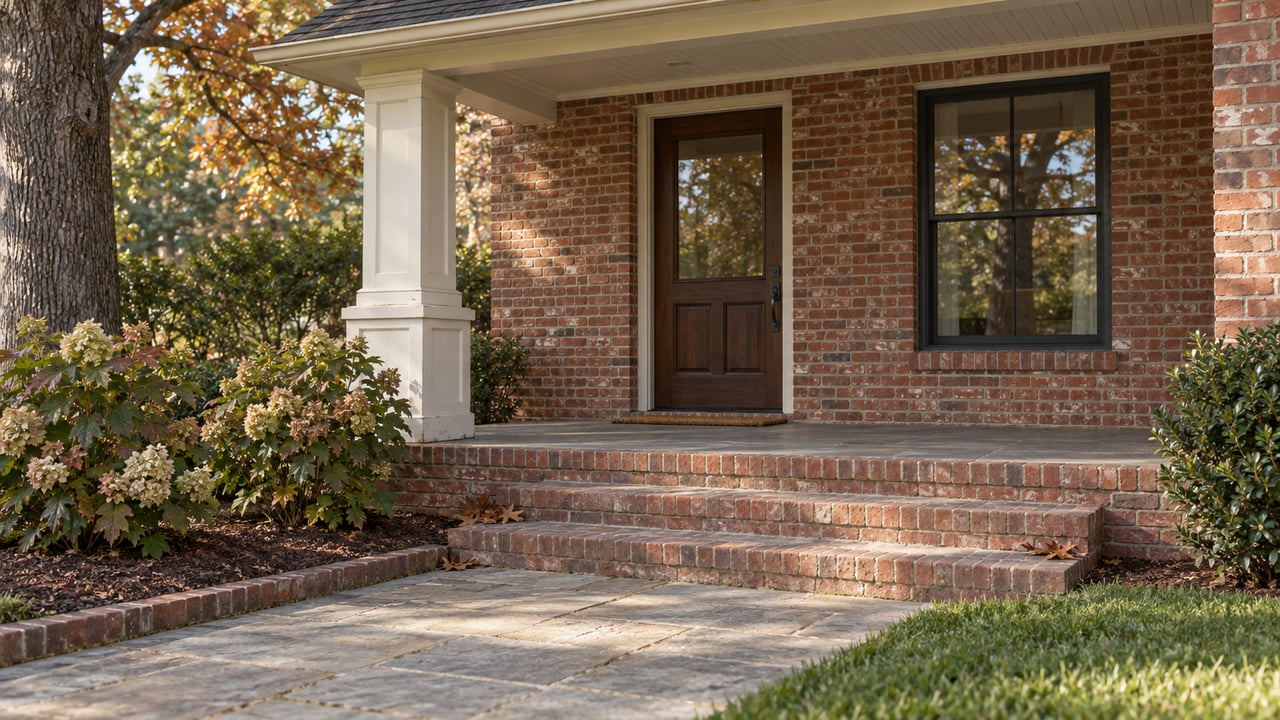 Brick home’s paneled front door and window above broad steps, with oak leaves scattered in the corners.