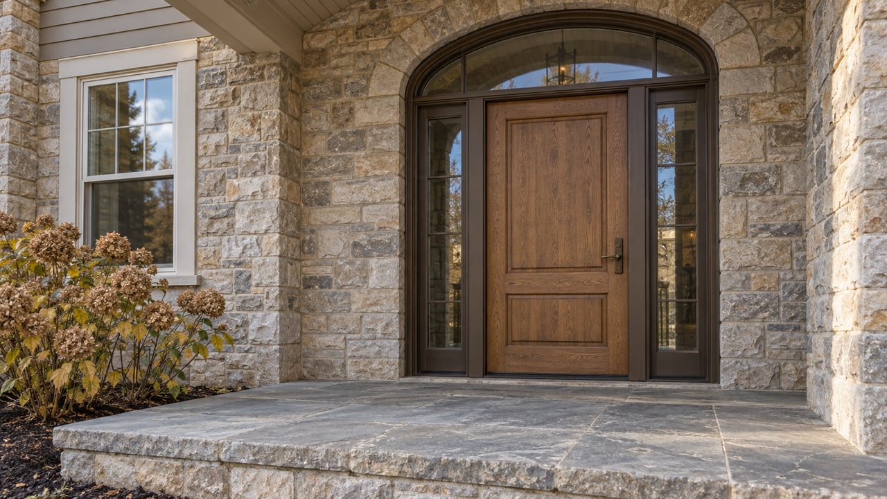 Sheltered limestone entrance with an oak door, matching glazed sidelights, a worn stone landing, and dried hydrangea flowers.