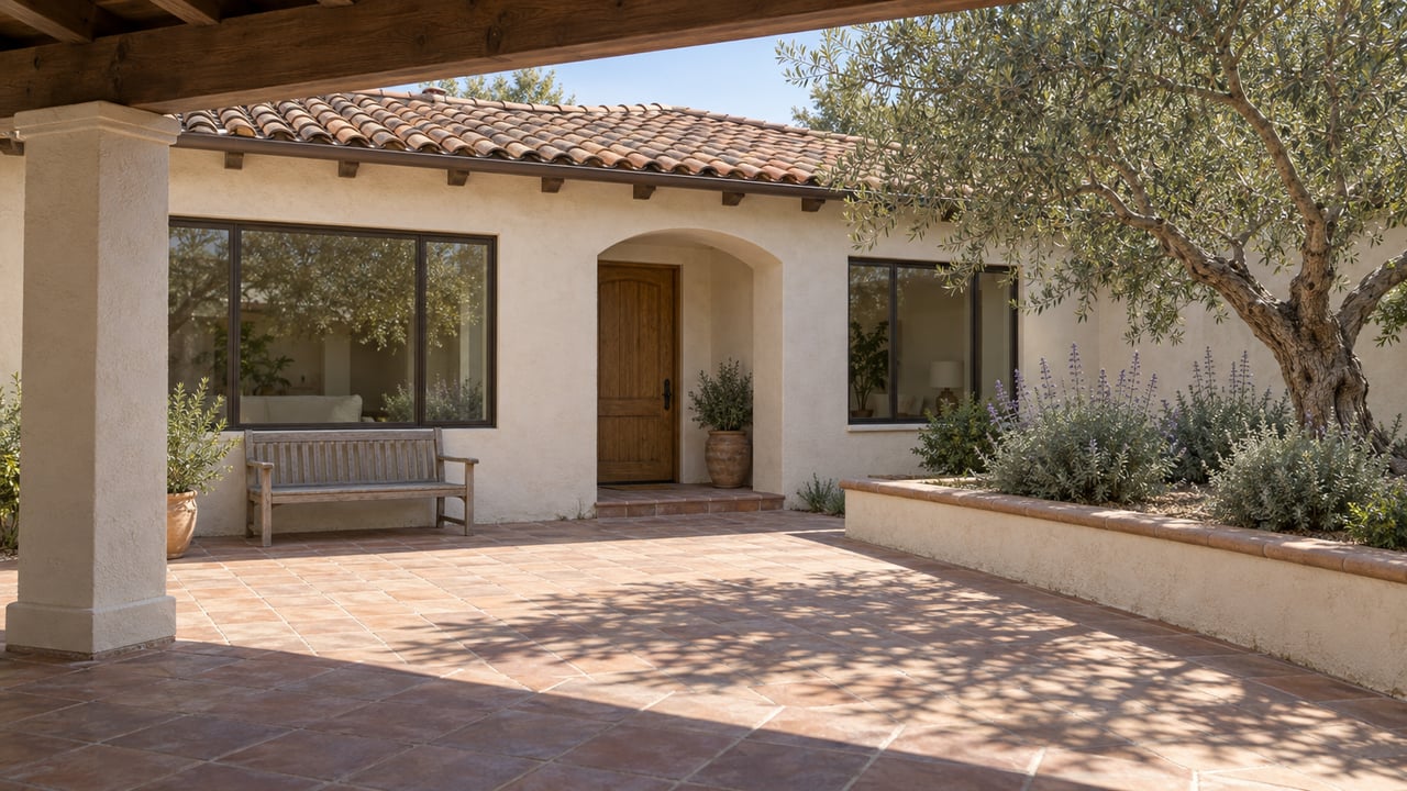 A shaded terracotta patio looks across a sunlit courtyard toward a stucco house with an arched oak doorway, bronze-framed windows and a mature olive tree.