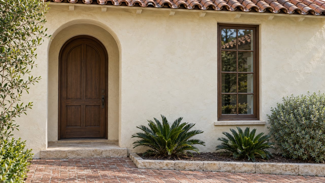 Historic stucco house with an arched wood door, narrow divided-light window, terracotta roof, and brick walk.