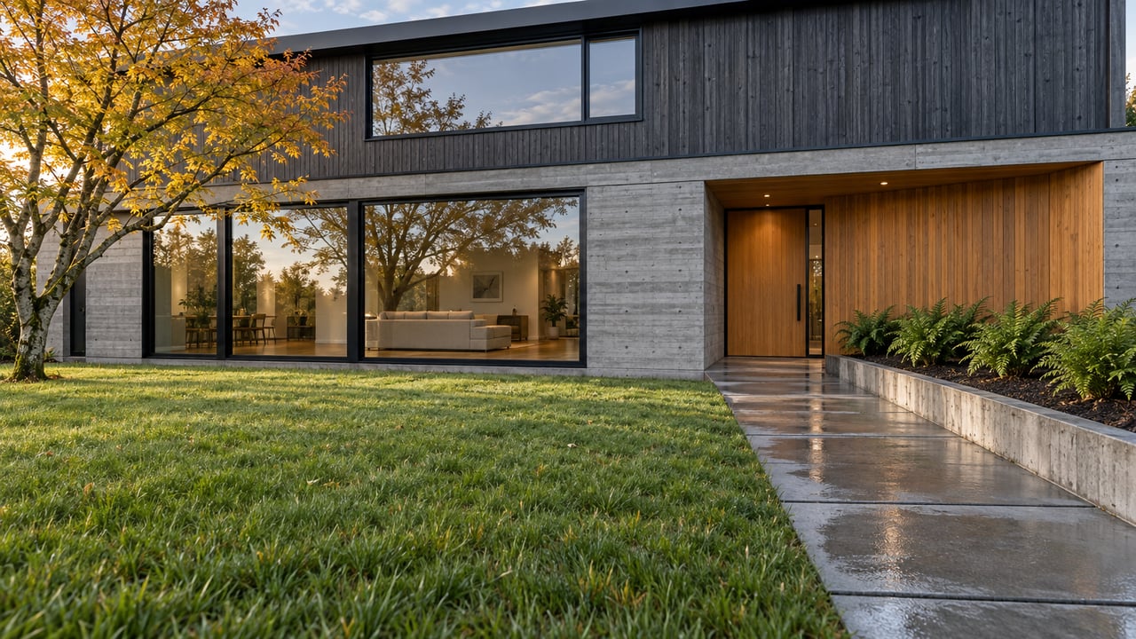 Contemporary home with charcoal timber, cedar and concrete walls, broad windows, and a rain-darkened approach beside an autumn maple.
