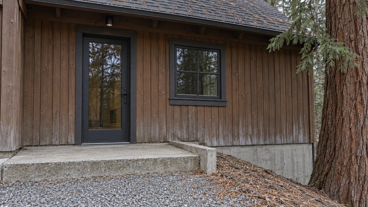 Weathered brown wood cabin entrance with glazed door, divided-light window, concrete step, and an incense cedar beside the sloping approach.