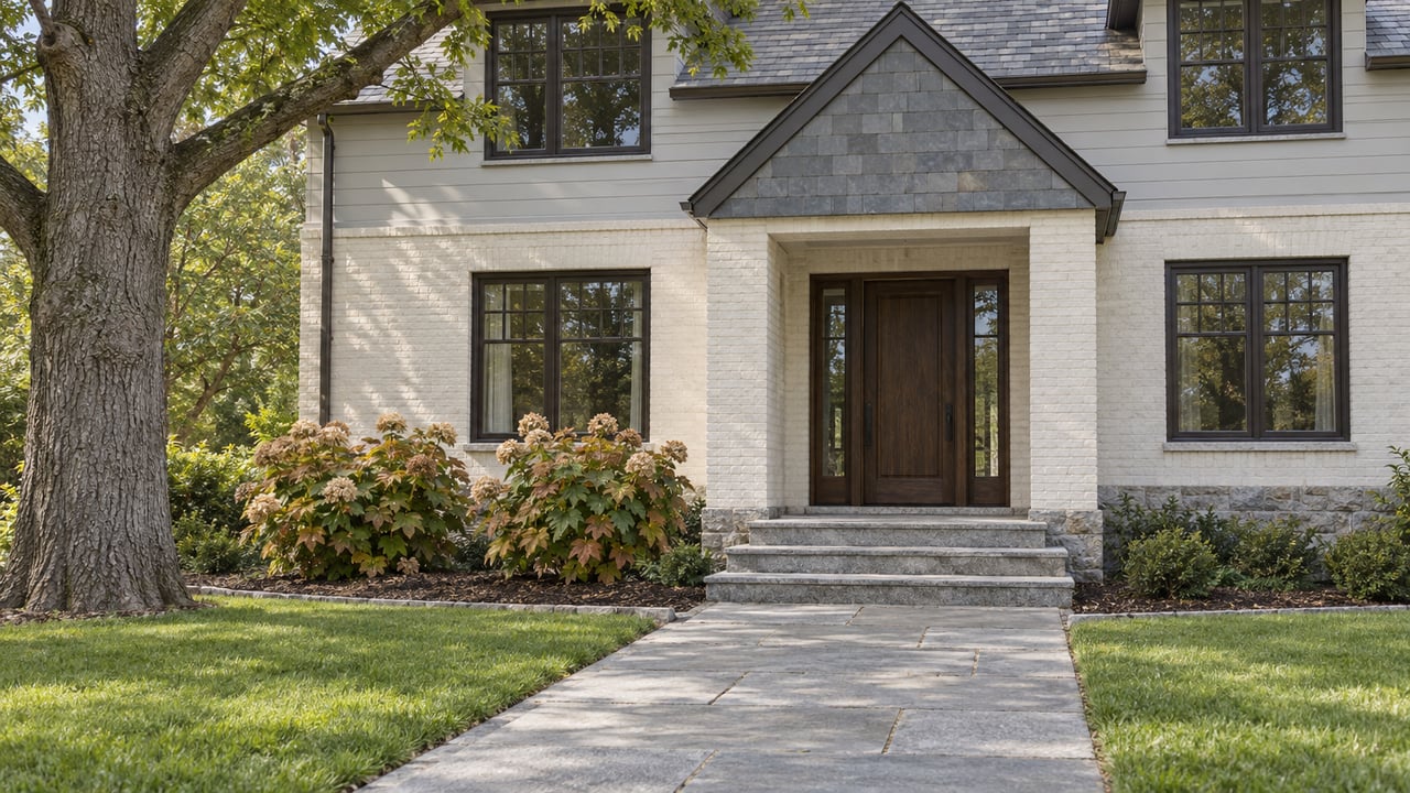 Cream brick and pale-gray siding frame an oak front door above granite steps, with a broad stone approach, trimmed lawn and oakleaf hydrangeas.