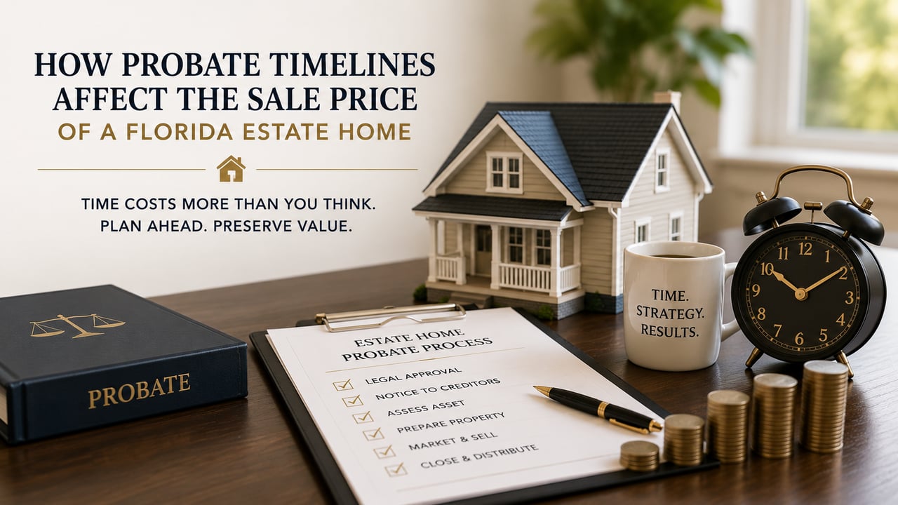 Florida probate estate home with a clock, legal documents, and carrying costs illustrating how probate timelines can affect property sale price and estate value in Southwest Florida. 