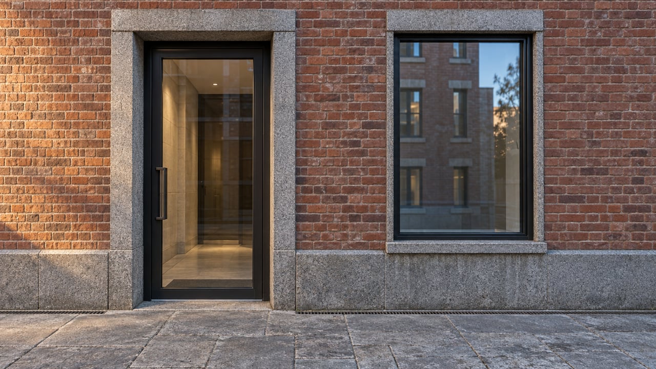Brick condominium facade with a black-framed glass entry, tall window, granite base, and worn stone paving.