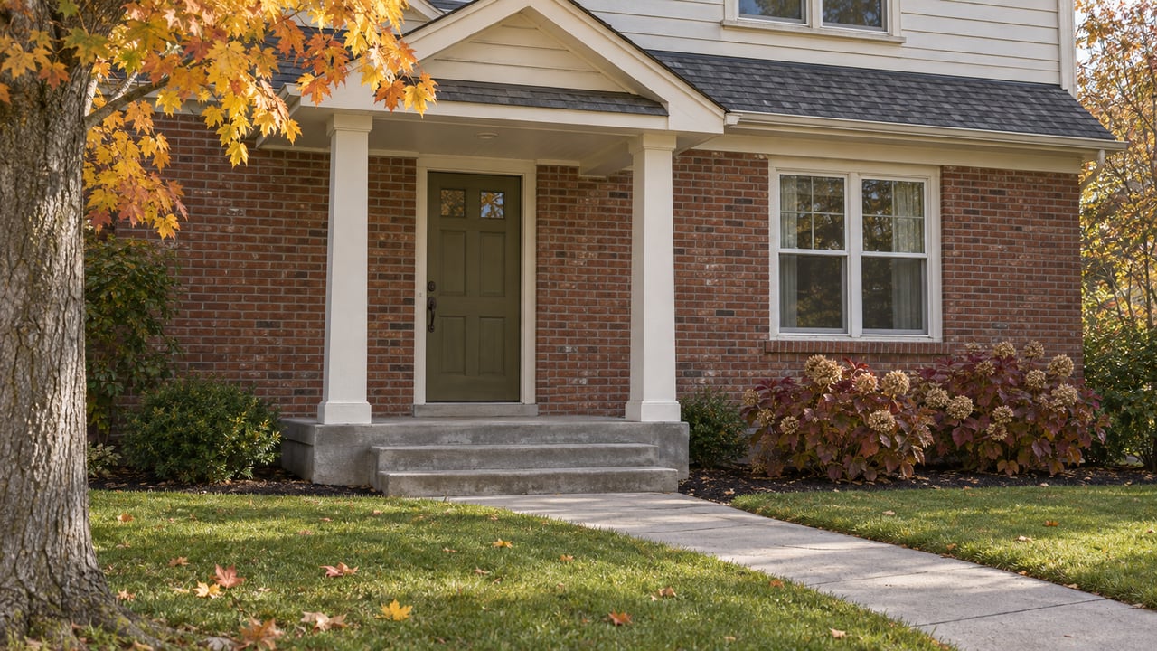 Covered entry of a brick and white-clapboard home beside an autumn maple, broad lawn and concrete walk.