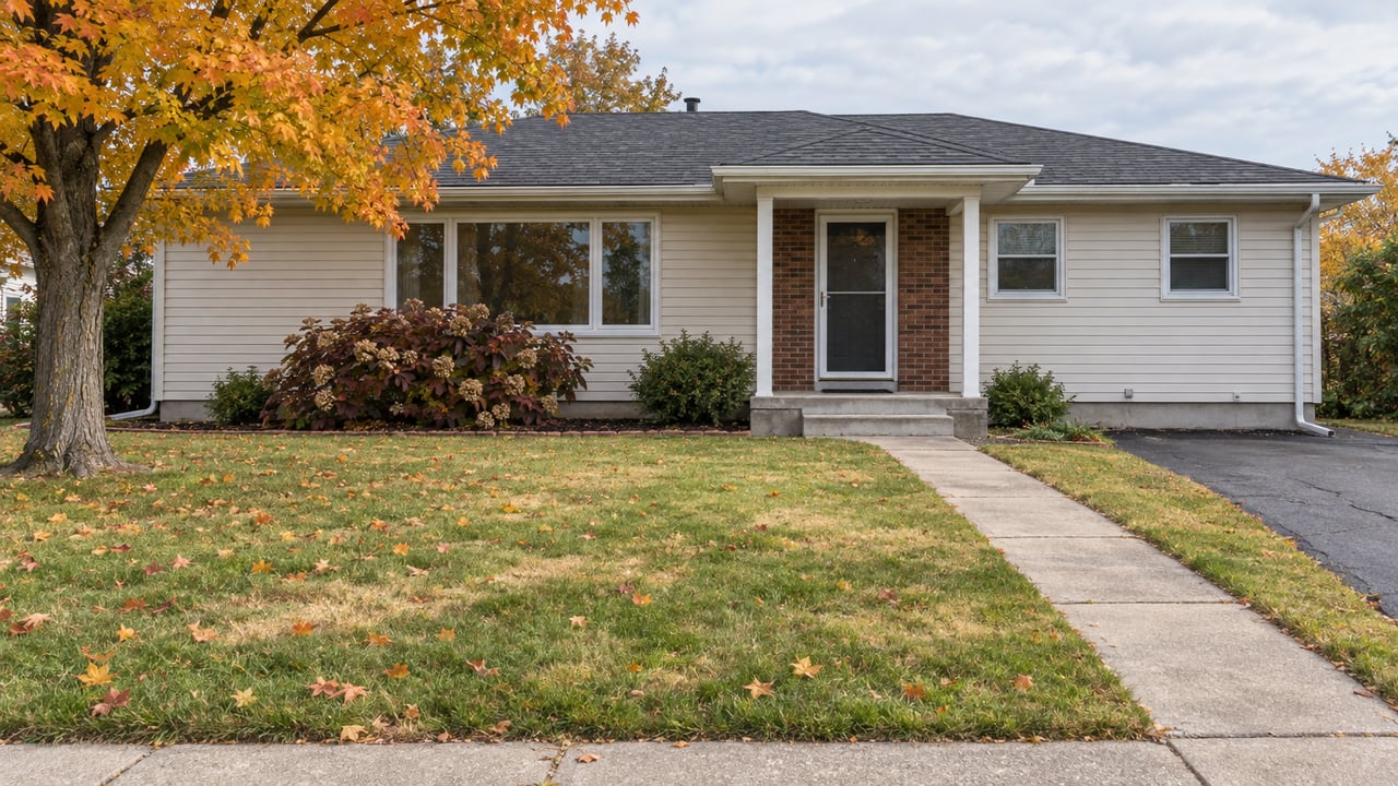 Cream-sided ranch with a brick entry, deep autumn lawn, orange-yellow maple and concrete front walk beneath a pale sky.