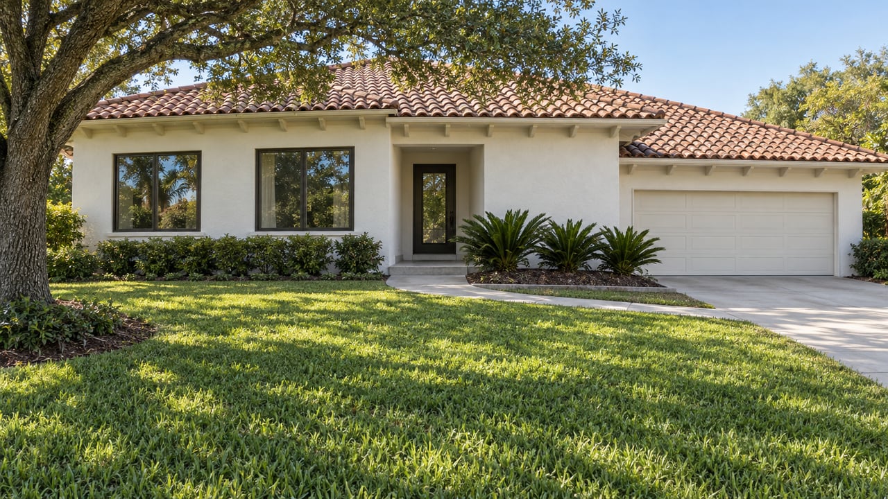 White stucco home with terracotta roof, a broad front lawn, a spreading live oak, and a curved concrete approach in morning light.