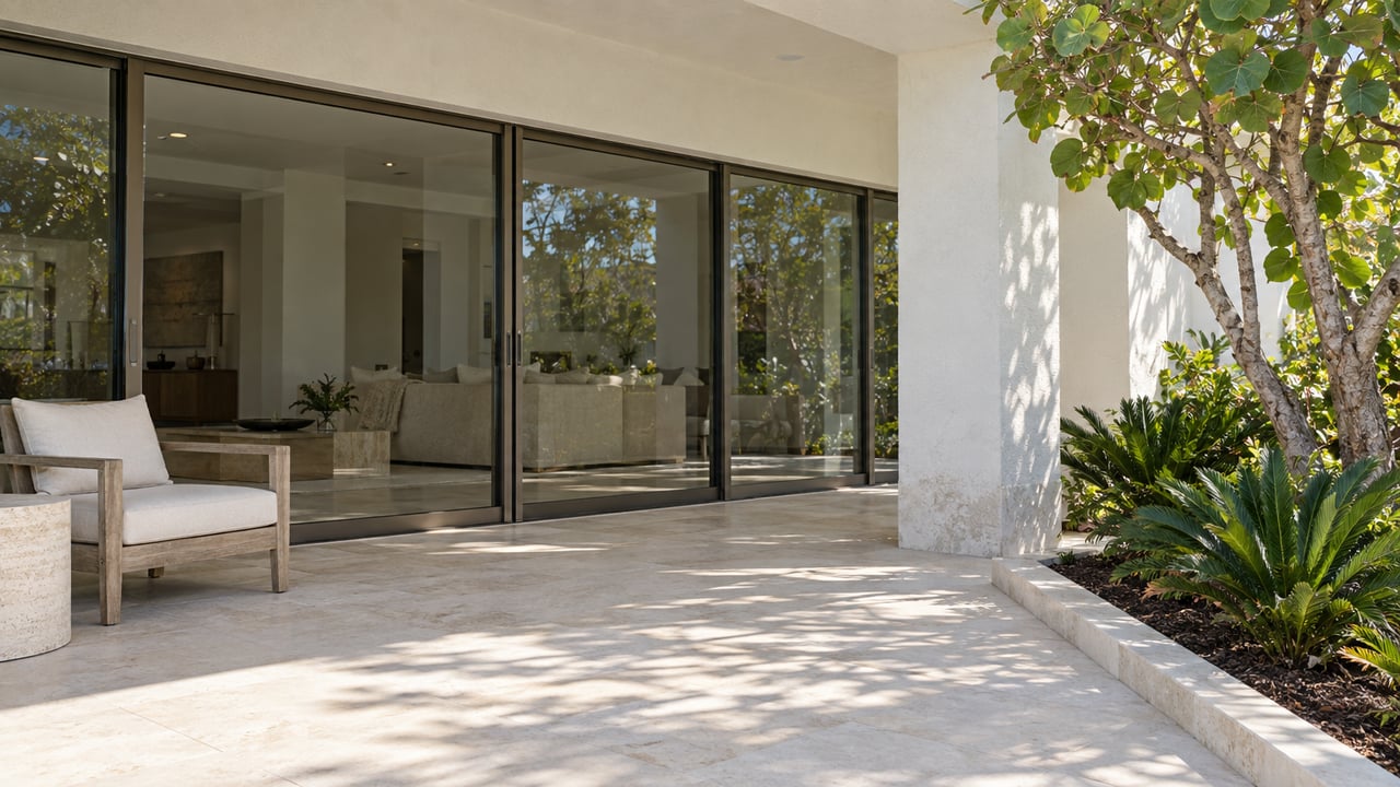 Sunlit limestone lanai with a teak chair, bronze-framed sliding glass doors and sculptural sea grape planting beside a white stucco pier.