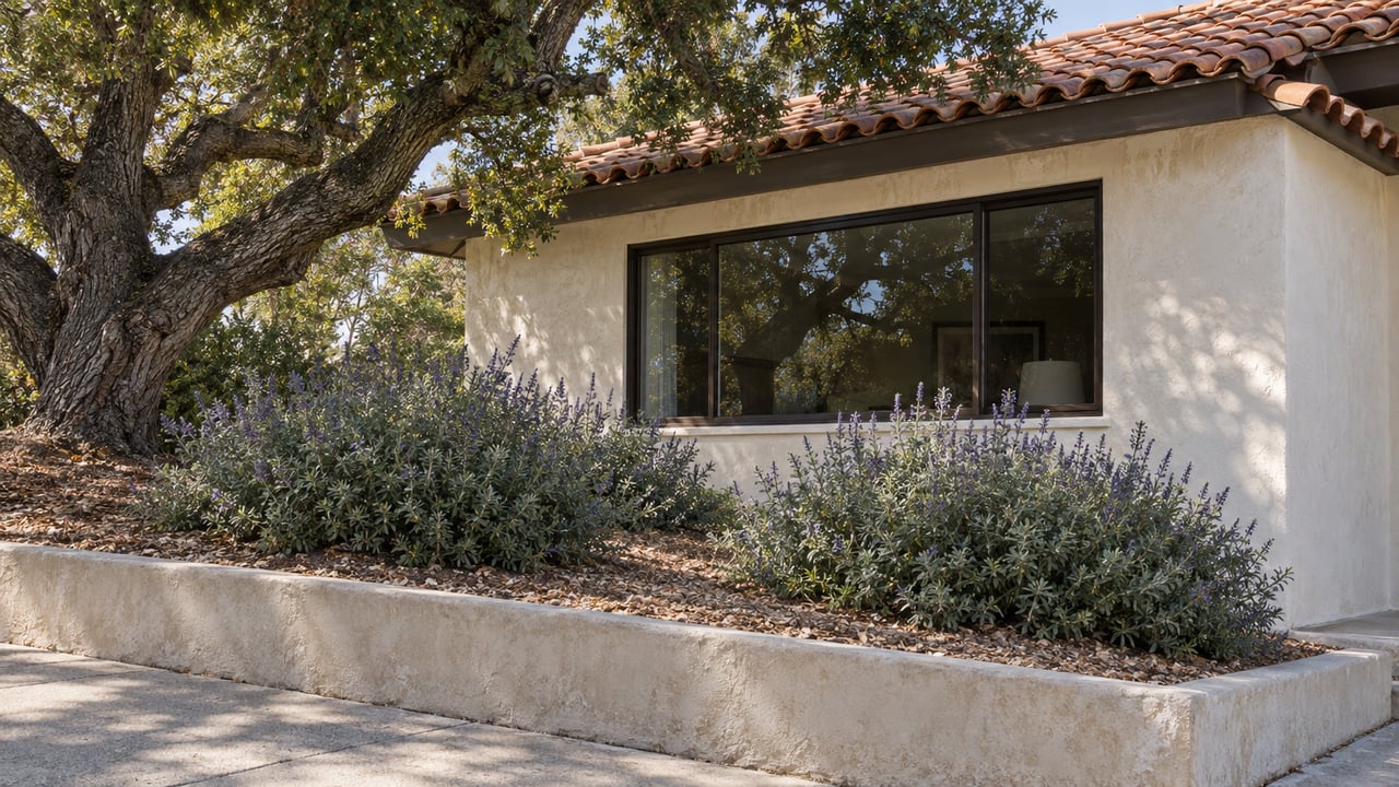 Cream stucco house with a clay-tile roof, dark picture window, and sloped garden beneath a spreading oak.