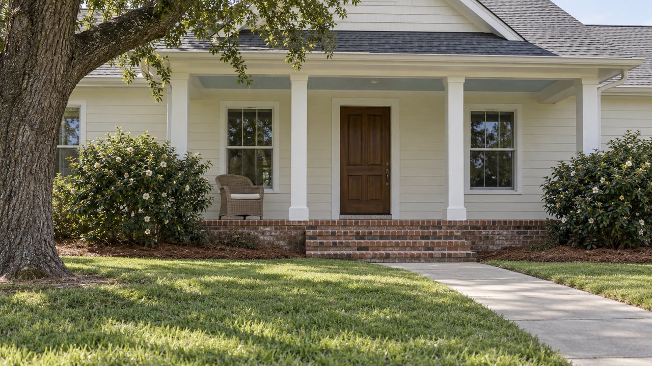 Cream-sided home with a steep front gable, brick porch steps, camellias and a broad lawn beneath a spreading live oak.
