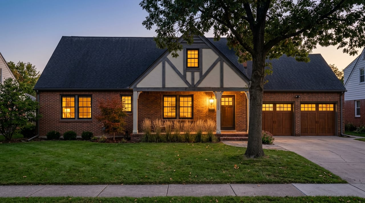 Two-story brick home with a timber-accented gable, glowing windows, and a broad lawn at twilight.