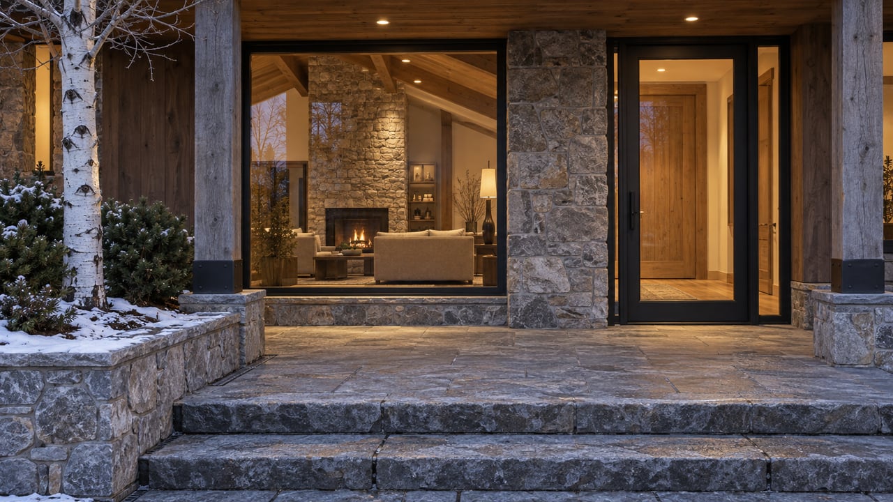 Sheltered timber-and-stone residential entry at blue hour, with warm light behind closed glazing and light snow on a raised planting bed.