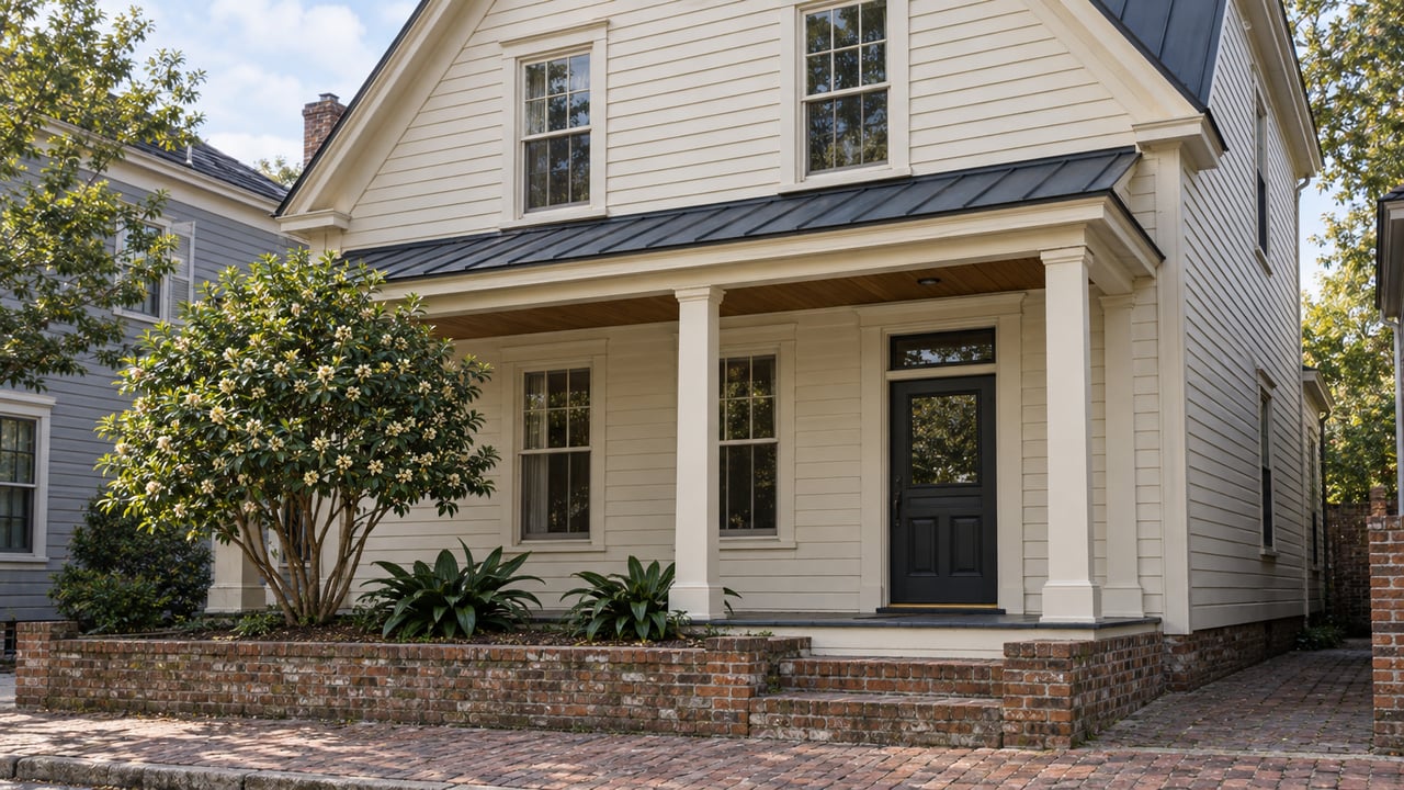 Ivory clapboard historic house with a steep metal gable roof, covered porch, brick foundation, and pruned shrub.
