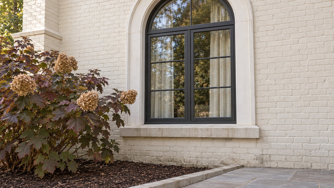 Tall arched window in an ivory brick home above a limestone sill, beside an autumn oakleaf hydrangea and stone approach.