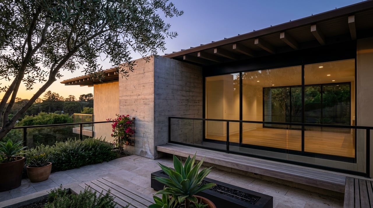 Hillside home with a board-formed concrete wall, glass facade, terrace bench, and olive tree at dusk.