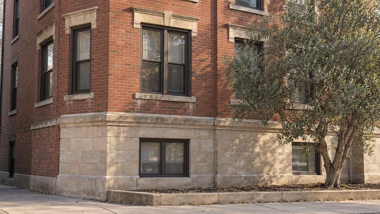 Three-story red-and-tan brick walk-up with limestone trim and an olive tree beside the sidewalk.