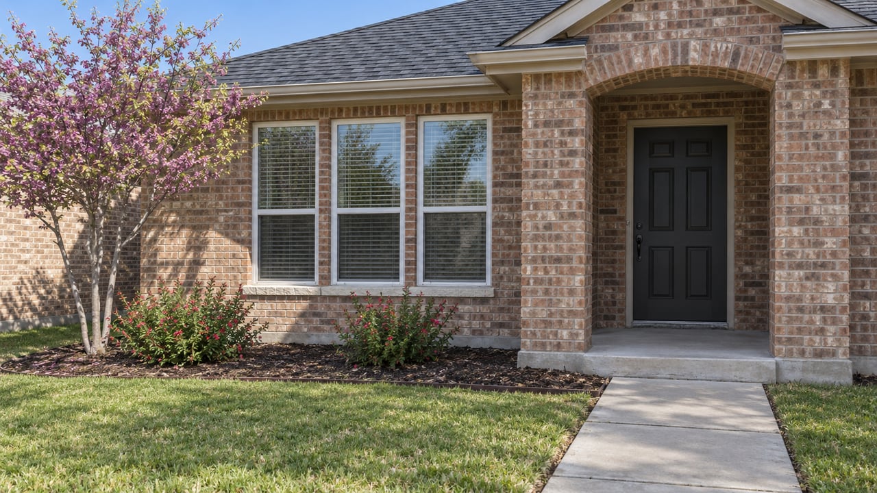 Brick home's covered entry and grouped windows, with a concrete approach, green lawn and young redbud tree in bright daylight.