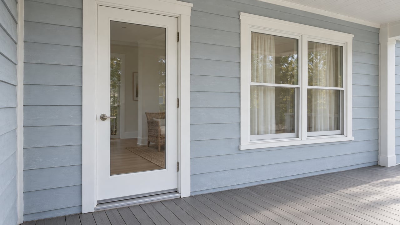 Close view of a raised cottage's covered entry, with pale blue-gray lap siding, a closed glazed door, white-trimmed window and weathered composite porch boards.