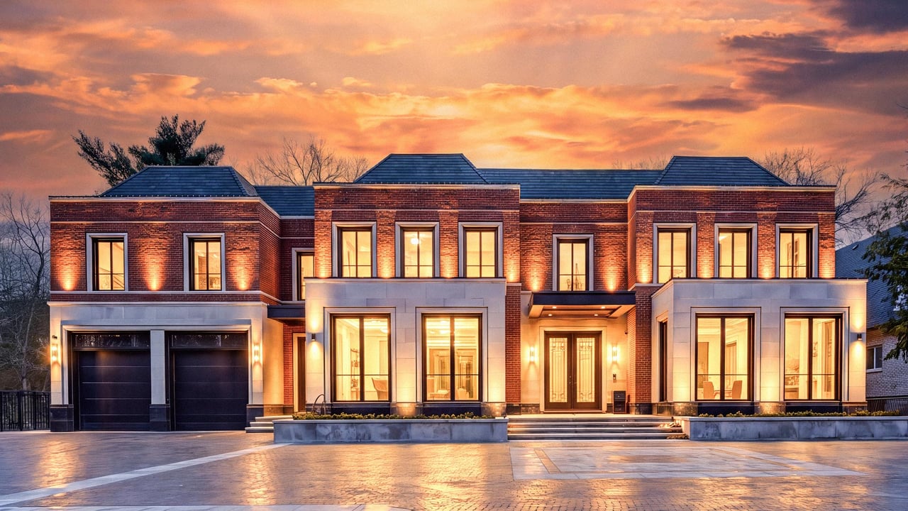 The front architectural stone façade and landscaped motor court of an iconic private estate in South Mississauga, the highest-priced residential sale in Peel Region history