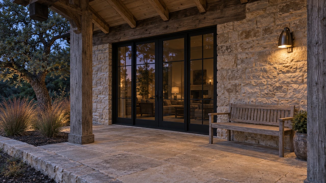 Blue-hour covered patio with limestone walls, timber rafters, black-framed glass doors and a teak bench under a warm wall light.