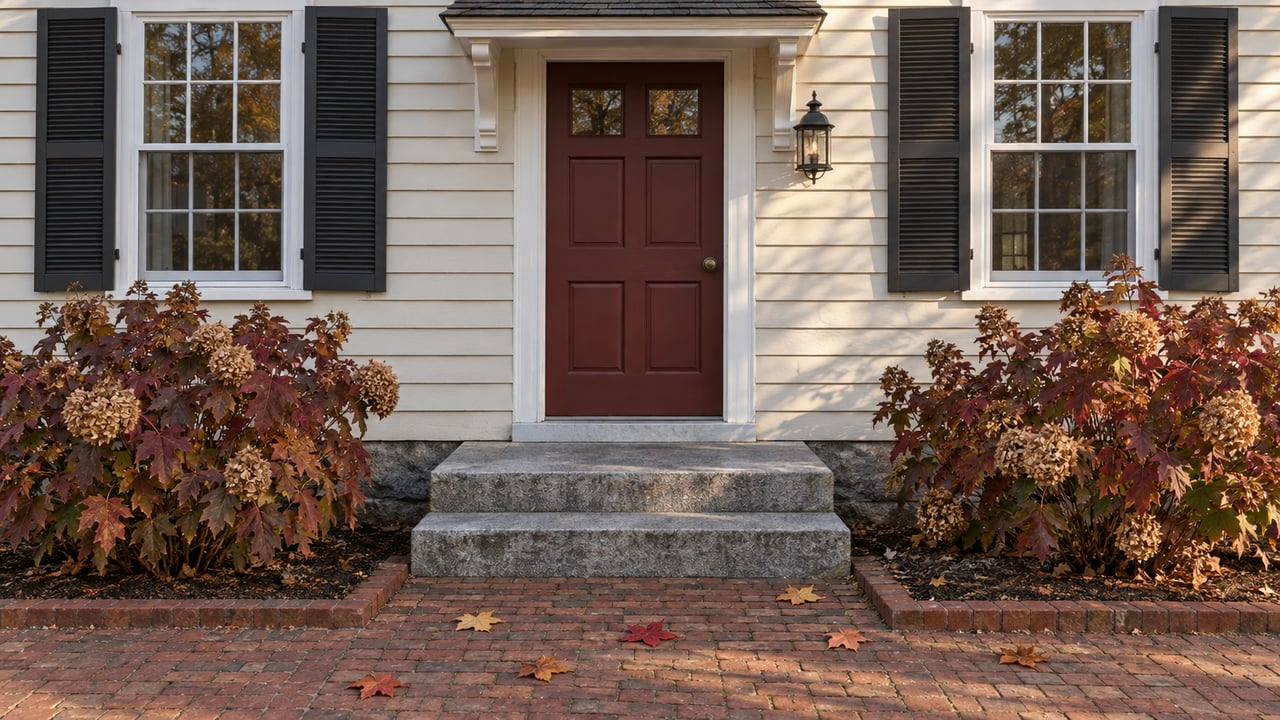 Ivory clapboard home with a muted red door, shuttered windows, granite steps, and a brick approach bordered by autumn oakleaf hydrangeas.