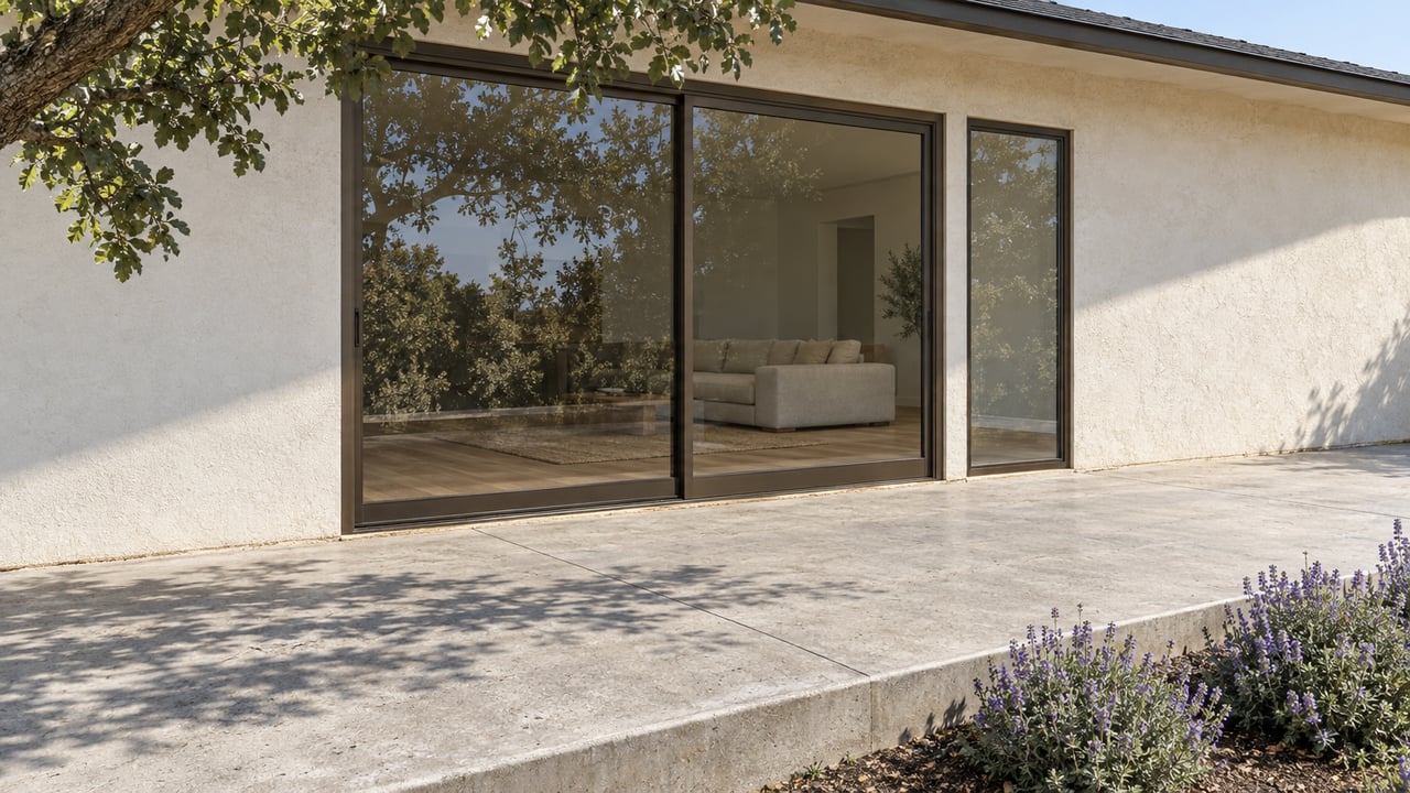Off-white hillside home with bronze-framed sliding glass doors, concrete terrace, and violet-blooming salvias