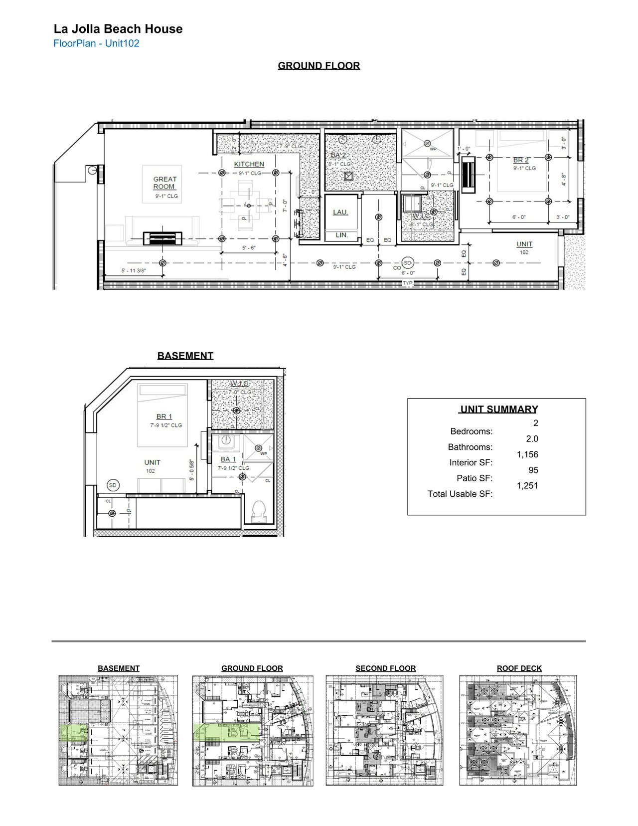 La Jolla Beach House Unit 102 floor plans, with detailed ground-floor and basement layouts and unit summary.