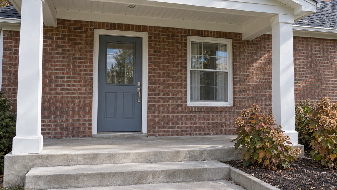 Brick home entry with a slate-blue door, white porch columns, concrete steps and autumn oakleaf hydrangeas.